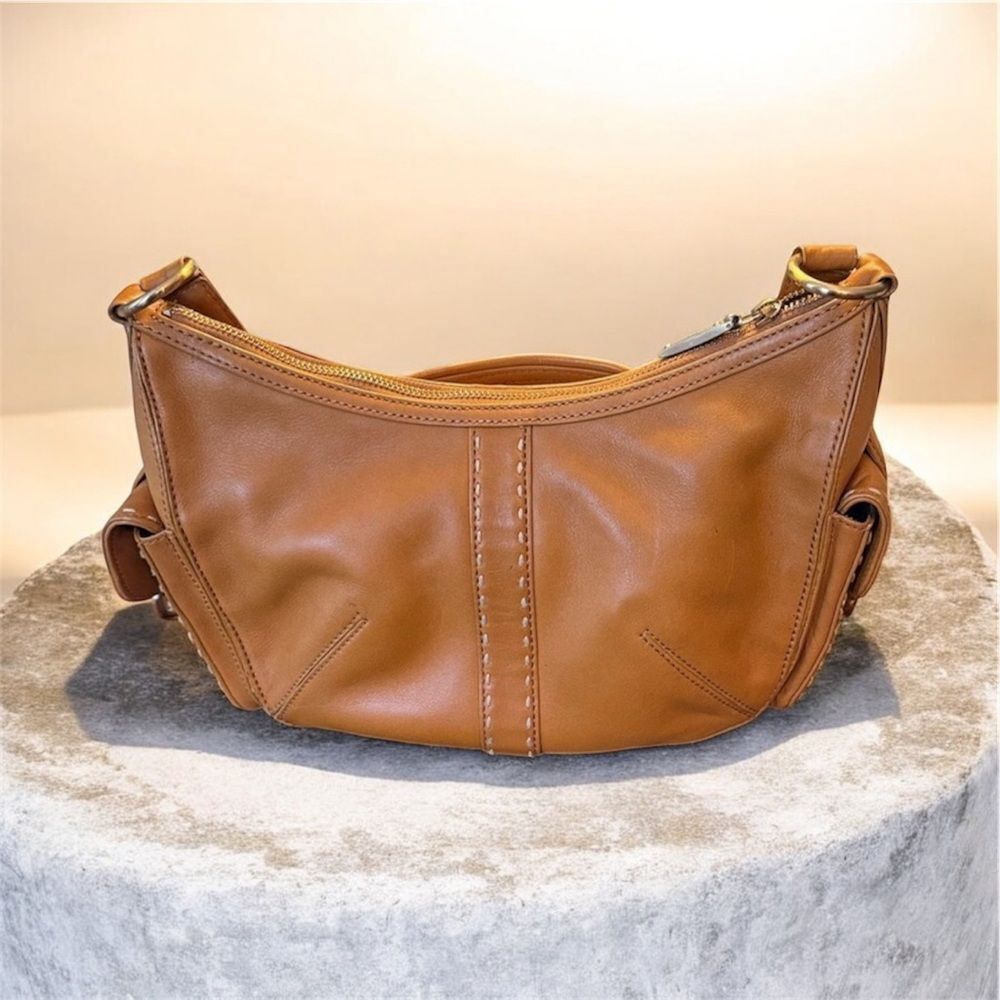 Adrienne Melani Tan Leather Shoulder Bag with Silver Rings